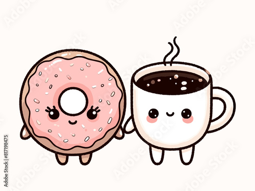 Cute kawaii coffee and donut. Vector cartoon illustration.