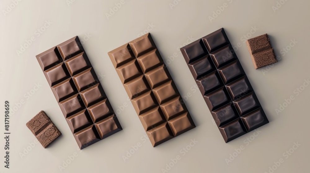 Obraz premium Dark and milk chocolate bars on a light background.