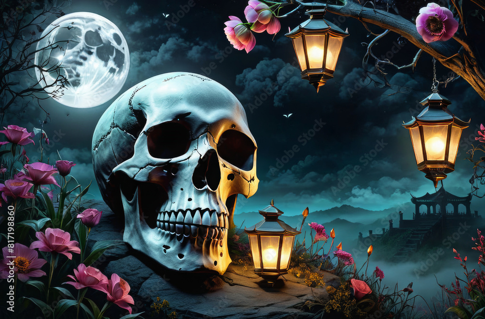 A gloomy night with a big moon, a skull and flowers. A gloomy night with a big moon, a skull and flowers.