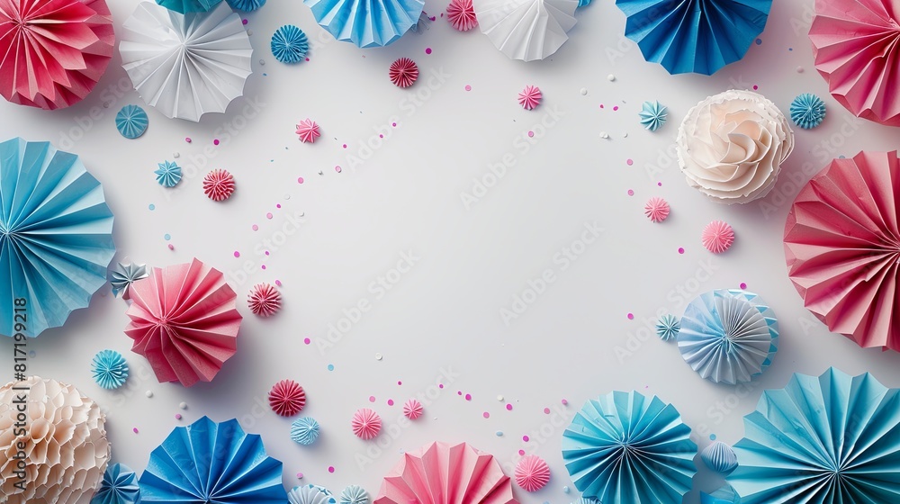 Fototapeta premium Joyful Birthday Celebration: Colorful Balloons, Streamers, Gift, and Confetti Adorn Minimalist Background