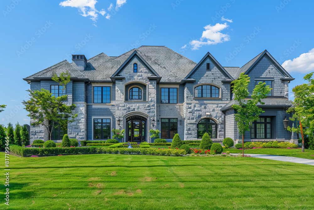 Elegant luxury home with a slate grey facade, featuring traditional architecture and a sprawling front yard. Full front view captured in summer.