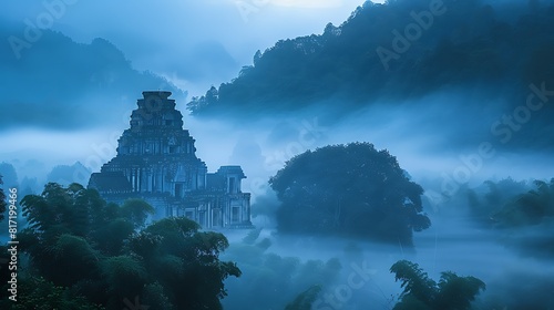 Translucent veils of mist embrace ancient ruins  shrouding them in an aura of mystery and timelessness.