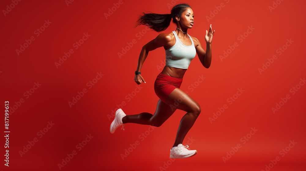 strong young african runner, isolated on a red background with copy space, Olympic Games Paris 2024 concept strong young african runner, isolated on a red background with copy space, Olympic Games Paris 2024 concept
