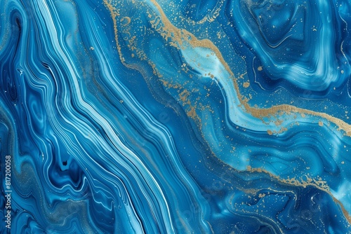 Marble abstract acrylic background. Blue marbling artwork texture. Agate ripple pattern. Gold powder.