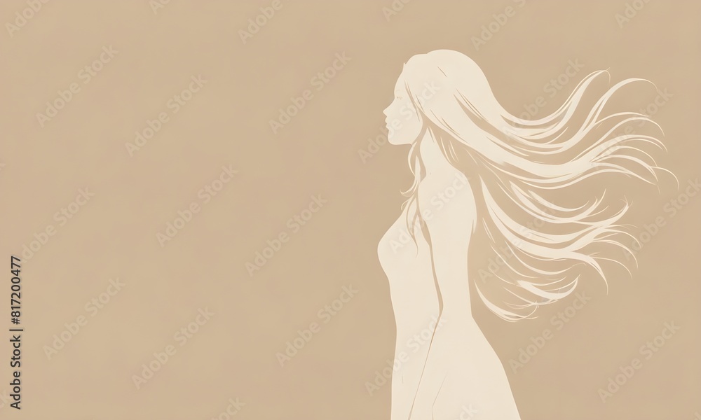 A white silhouette of a woman with long flowing hair against a beige background A white silhouette of a woman with long flowing hair against a beige background