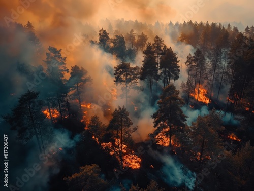 A wildfire raging through a dense forest  with flames engulfing trees and thick smoke filling the air