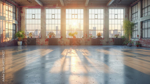 Empty room with large windows and city view. 3D Rendering