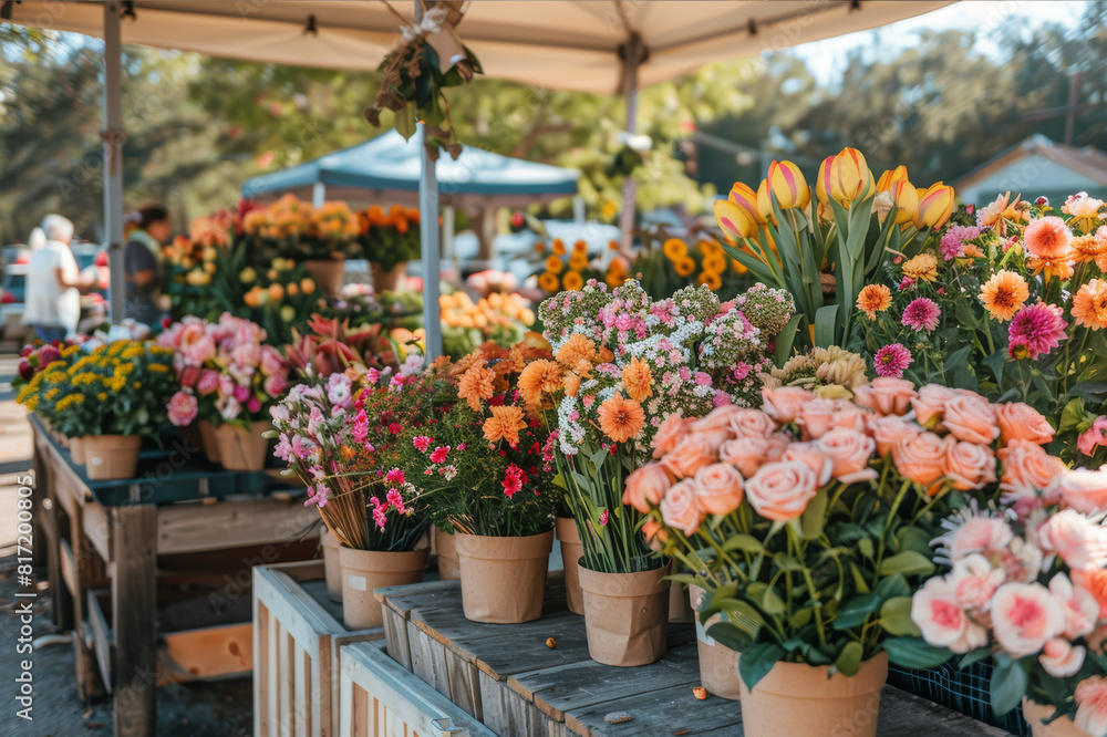 Crisp morning at a farmer's market showcasing stands with organic produce and handmade floral arrangements. AI generated. Crisp morning at a farmer's market showcasing stands with organic produce and handmade floral arrangements. AI generated.