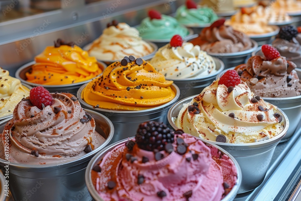 Gelato: Scoops of various gelato flavors in a bowl or cone, with bright and rich colors, possibly topped with fresh fruit or chocolate shavings. Gelato: Scoops of various gelato flavors in a bowl or cone, with bright and rich colors, possibly topped with fresh fruit or chocolate shavings.