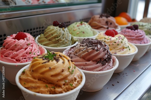 Gelato: Scoops of various gelato flavors in a bowl or cone, with bright and rich colors, possibly topped with fresh fruit or chocolate shavings.