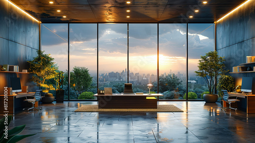 Modern office interior with panoramic city view. 3D Rendering