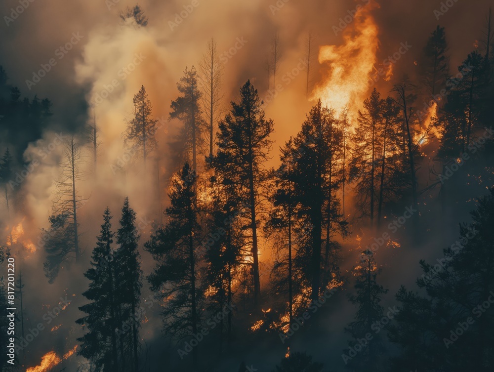 A wildfire raging through a dense forest, with flames engulfing trees and thick smoke filling the air
