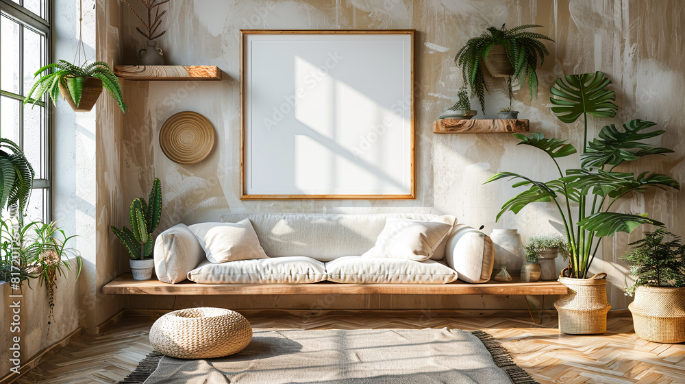 Interior of living room with beige sofa, coffee table and plants. 3d render Interior of living room with beige sofa, coffee table and plants. 3d render