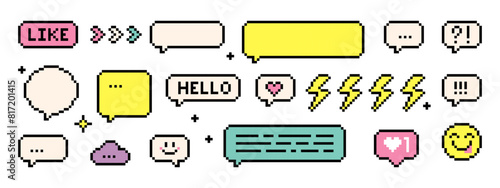 Collection of pixelated speech bubbles and elements. Pixel dialogue box set. 8-bit retro style vector illustration. White background