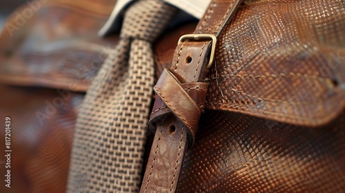 A close-up of a leather briefcase and a neatly knotted tie, symbolizing business readiness.