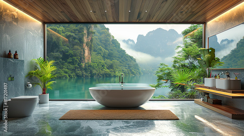 Bathroom interior in modern villa 3D rendering.
