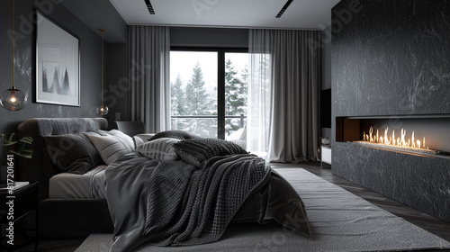Luxurious Scandinavian bedroom design showcasing elegant monochrome decor, high-end textiles, and a sleek, wall-mounted fireplace.