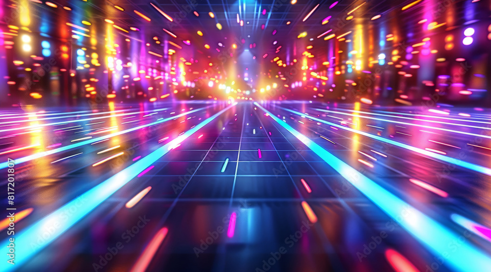 A dynamic dance floor illuminated by vibrant lights, capturing the essence of movement and energy as streaks of color traverse the frame. Generative AI. A dynamic dance floor illuminated by vibrant lights, capturing the essence of movement and energy as streaks of color traverse the frame. Generative AI.
