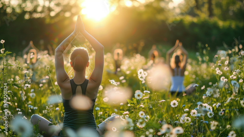 Group of people practicing yoga in a lush spring meadow filled with wildflowers, bathed in golden sunlight, capturing the essence of outdoor wellness, mindfulness, and the harmony of nature 