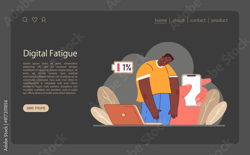 Digital detox web or landing dark or night mode set. Characters reducing