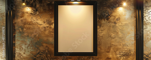 Luxury beauty salon with one large blank poster in a glamorous black frame, illuminated by spotlights on a metallic gold wall, for beauty treatment promotions or product launches.
