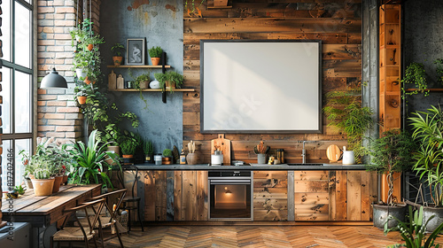 Interior of modern kitchen with wooden walls, wooden floor, 3d render