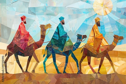 Geometric Art Of the Three Wise Men On Camels Following The Star of Bethlehem Night Sky Behind Them