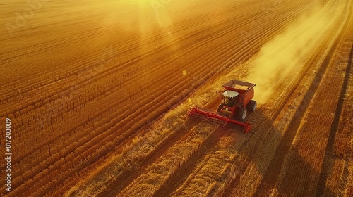 Aerial shot depicting a harvester working on a field, highlighting the digitalization of crop growing efficiency through AI data analysis, representing futuristic agriculture.