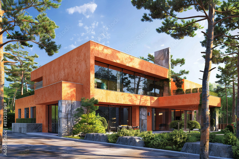 Modern luxury house with an orange stucco exterior, surrounded by mature trees and a detailed landscape design. Full front view in summer.