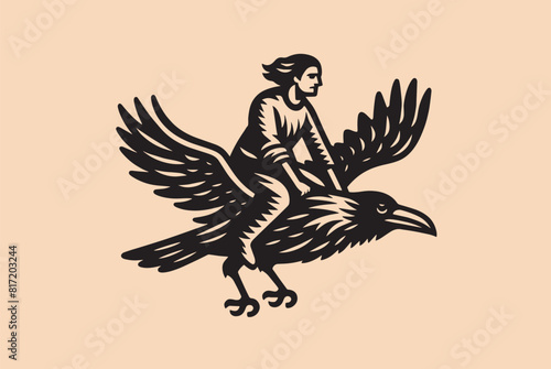 Crow Rider. A man rides a bird. Abstract vector illustration. Beautiful vintage engraving vector illustration. Black outline	