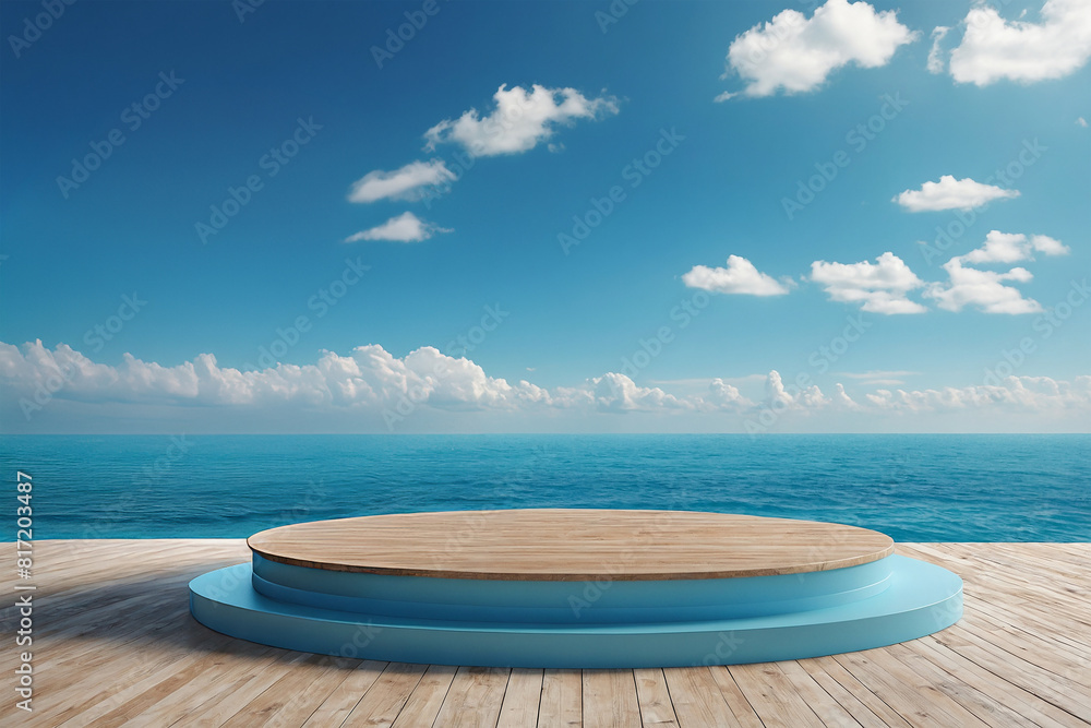 blue podium stand with seawater view platform for mockup advertising 