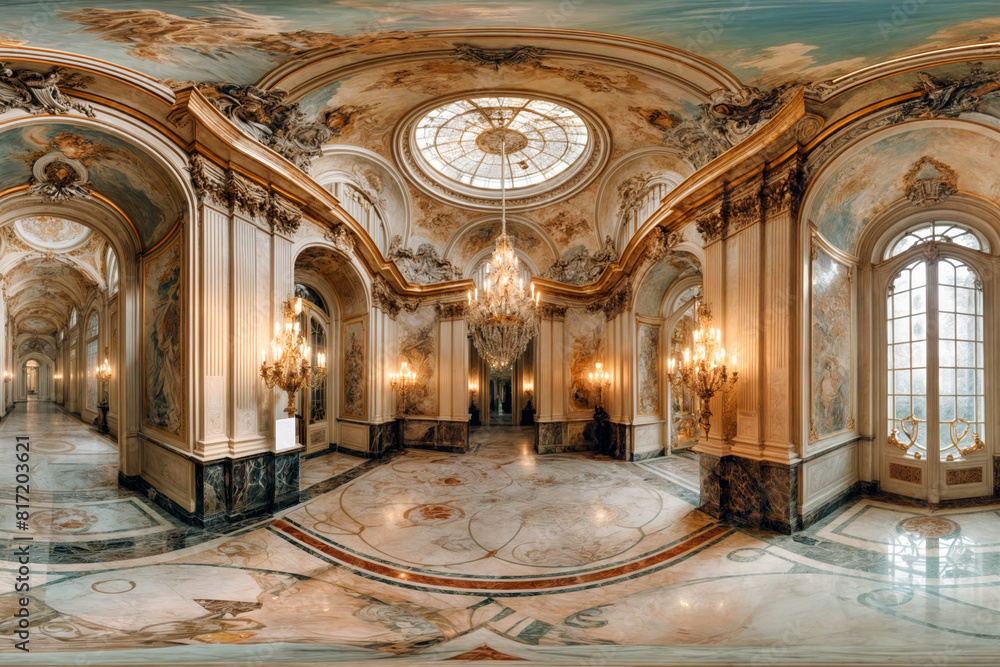 Panoramic view of an ornate rococo-style room with frescoed ceilings, chandeliers, and marble floors, showcasing European architectural heritage and luxury interior design in a historic setting