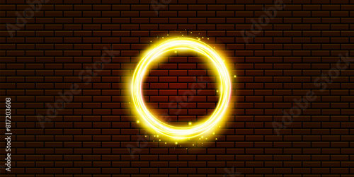 Light circle neon halo on brick wall, Bright glowing pink ring light glow effect. Vector illustration banner template.