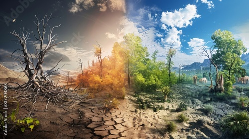 A barren desert with dead trees on the left, and a thriving forest with diverse flora and fauna on the right.