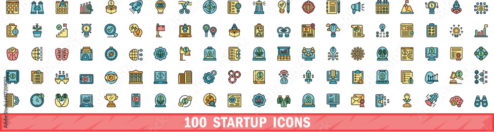 100 startup icons set. Color line set of startup vector icons thin line color flat on white 100 startup icons set. Color line set of startup vector icons thin line color flat on white