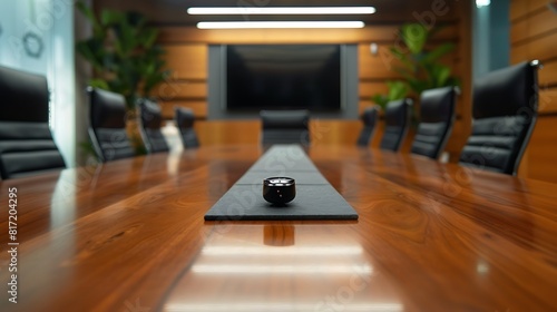 A conference room table with a speakerphone in the center, ready for a remote meeting.