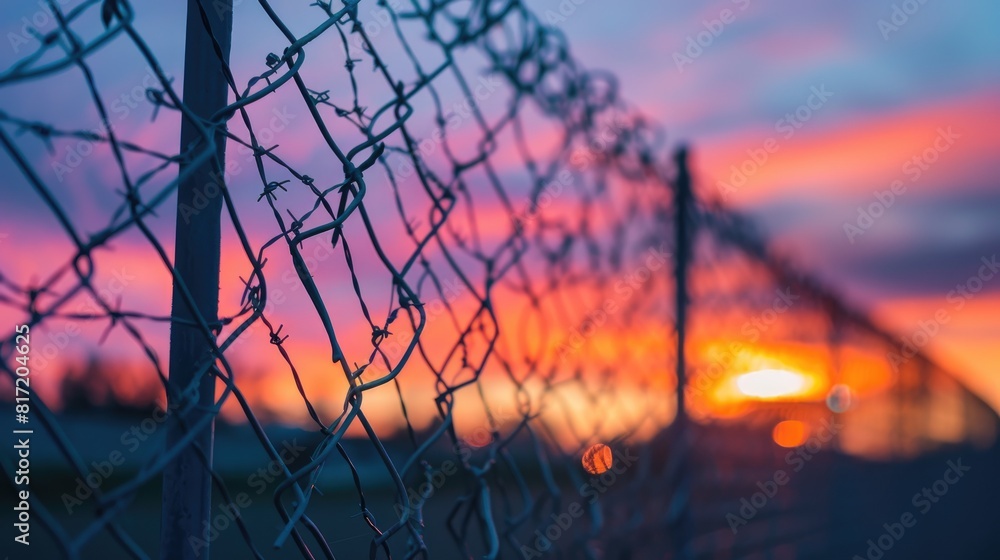 As the sunset paints the twilight sky a barrier wire fence stands tall adorned with chain spikes symbolizing secure boundaries inspired by the horrors of war the fight for human rights and As the sunset paints the twilight sky a barrier wire fence stands tall adorned with chain spikes symbolizing secure boundaries inspired by the horrors of war the fight for human rights and