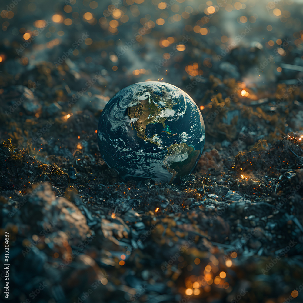 hoto of the Earth in space, surrounded by moss and leaves on fire. The planet is made up entirely from shiny glass with small lights reflecting off it. It sits on an alien landscape hoto of the Earth in space, surrounded by moss and leaves on fire. The planet is made up entirely from shiny glass with small lights reflecting off it. It sits on an alien landscape