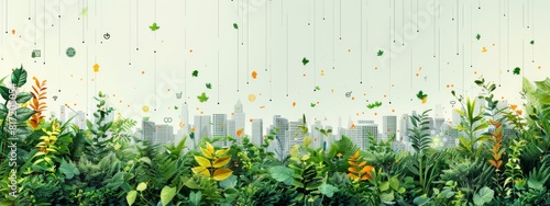 A business landscape with competitive elements like graphs and charts  integrating green elements like leaves and vines.