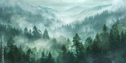 Smoky cloudy mountains trees. Misty foggy mountain landscape in vintage retro hipster style. Gloomy fir trees hiding in evening mist. Mysterious fir forest atmospheric scenery conifer in dense fog.