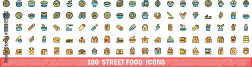 100 street food icons set. Color line set of street food vector icons thin line color flat on white