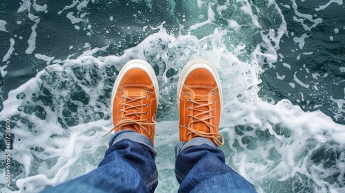 Vibrant Beach Outing: Orange Sneakers and Ocean Adventure