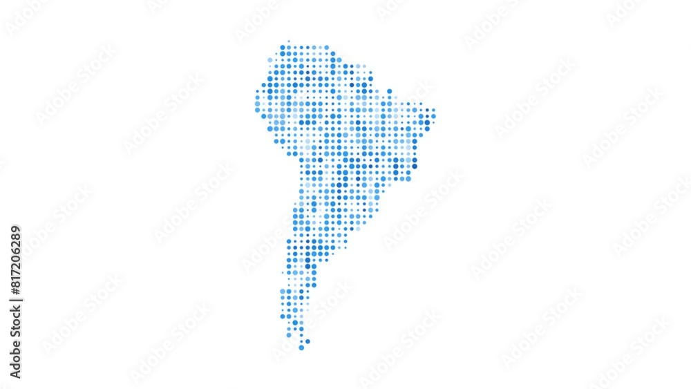 South America dotted digital map. Map of South America with pulsating colored circles. Shape of the continent filled with blue disks. Authentic video. South America dotted digital map. Map of South America with pulsating colored circles. Shape of the continent filled with blue disks. Authentic video.