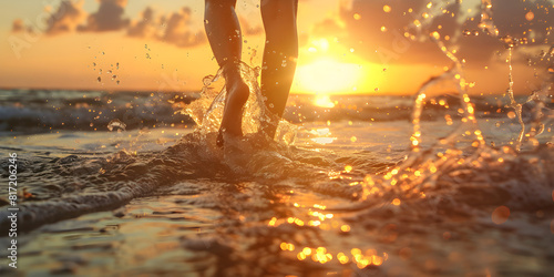Foot splashing water sunset at the sea