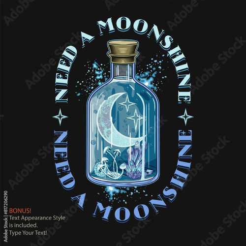 Fun comic label with big bottle of alcohol, moonshine. Mushrooms, magic crystal, moon crescent inside. Editable text graphic style is included. Vintage style colorful illustration.