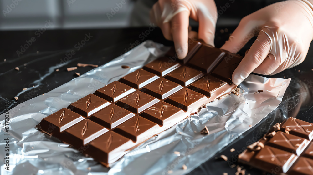 Close-up of a confectioner breaking a chocolate bar into pieces Close-up of a confectioner breaking a chocolate bar into pieces