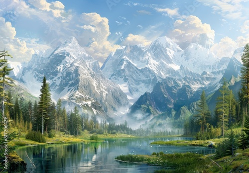 Craft tranquil mountain scenes with majestic peaks, verdant forests, and serene lakes, depicting various ranges like the Swiss Alps, Rockies, or Himalayas. © Nicat