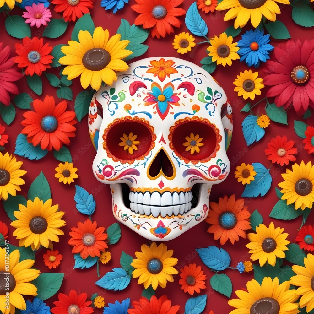 A colorful and vibrant sugar skull surrounded by various flowers including daisies, sunflowers, and other bright blooms against a red background A colorful and vibrant sugar skull surrounded by various flowers including daisies, sunflowers, and other bright blooms against a red background