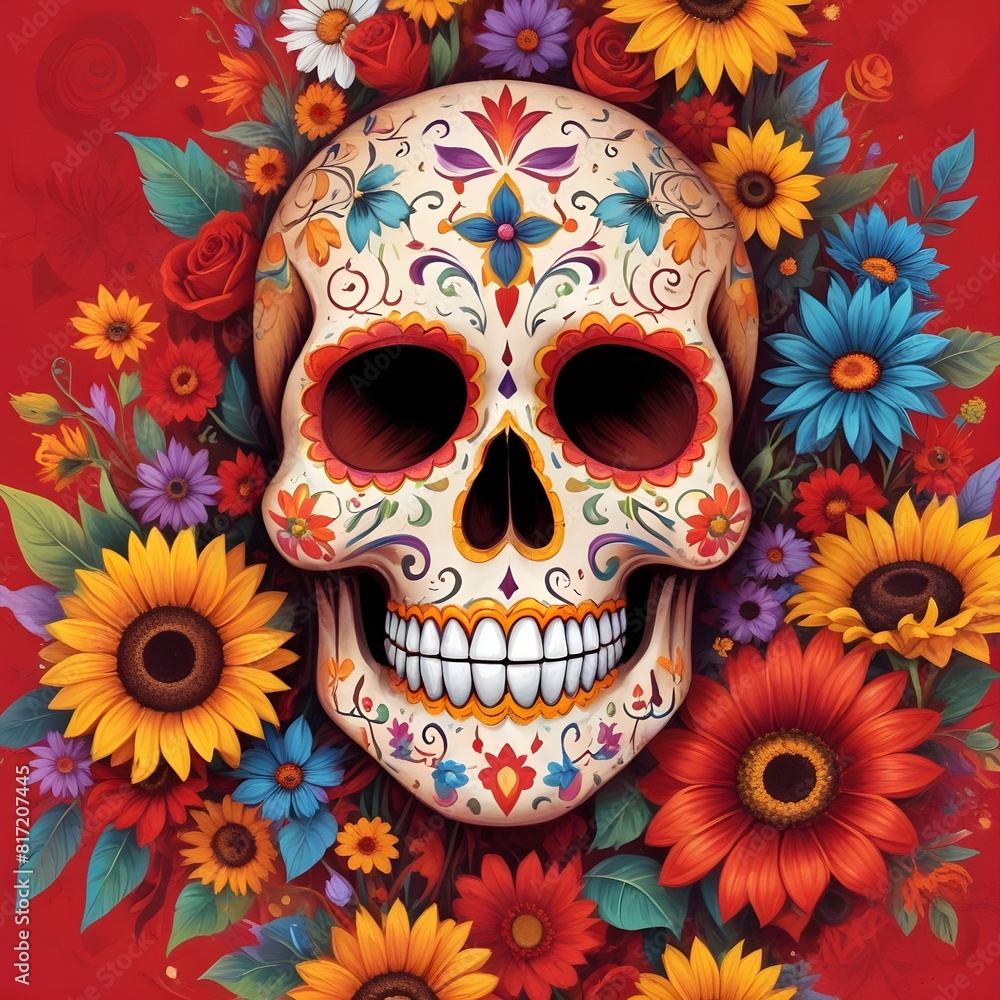 A colorful and vibrant sugar skull surrounded by various flowers including daisies, sunflowers, and other bright blooms against a red background A colorful and vibrant sugar skull surrounded by various flowers including daisies, sunflowers, and other bright blooms against a red background