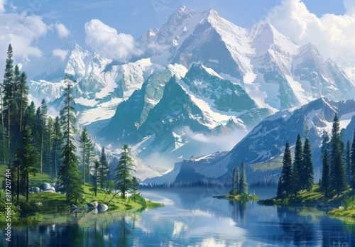 Craft tranquil mountain scenes with majestic peaks  verdant forests  and serene lakes  depicting various ranges like the Swiss Alps  Rockies  or Himalayas.